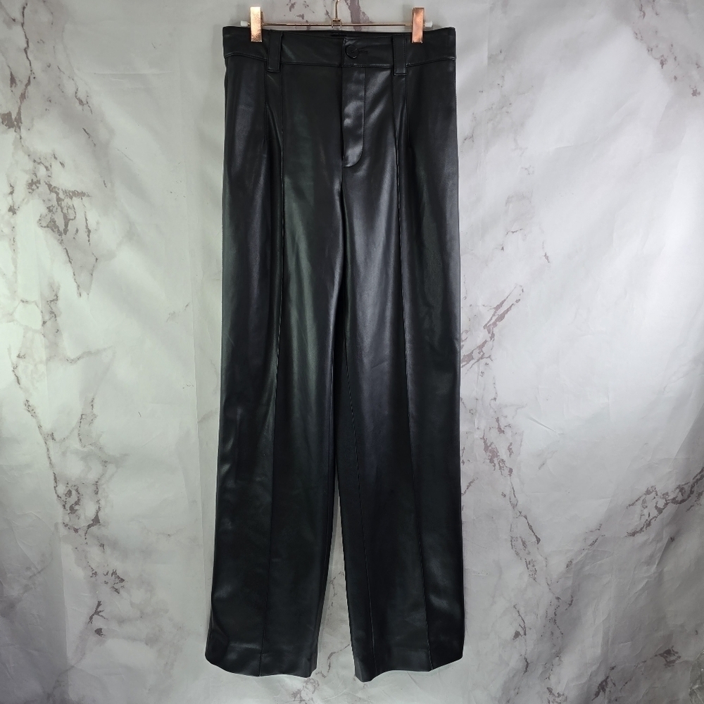 Zara Pants Womens Small Black Faux Vegan Leather High Rise Straight Piped Corded